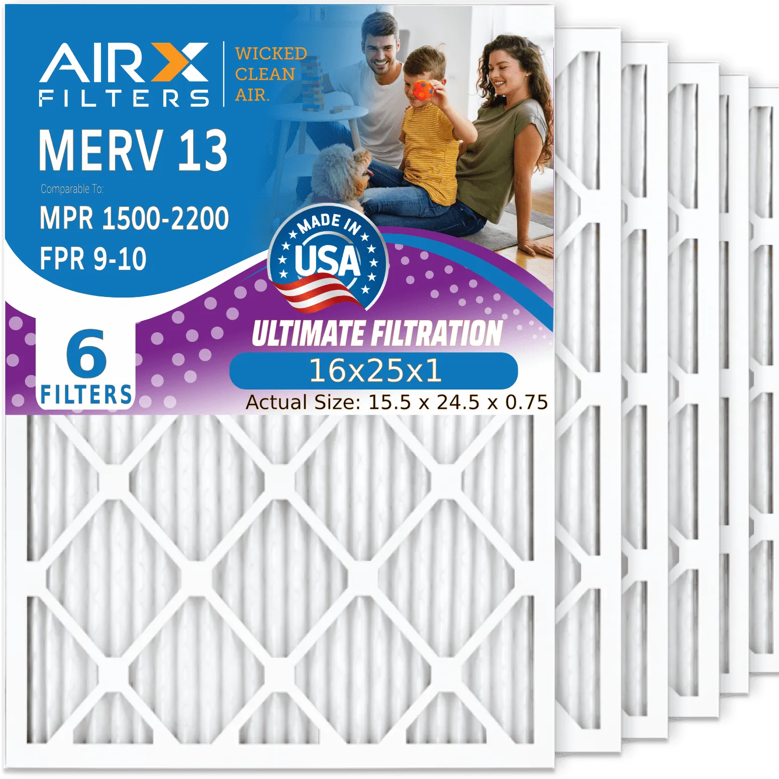 16x25x1 Air Filter MERV 13 Comparable to MPR 1500 - 2200 & FPR 9 Electrostatic Pleated Air Conditioner Filter 6 Pack HVAC AC Premium USA Made 16x25x1 Furnace Filters by AIRX FILTERS WICKED CLEAN AIR.