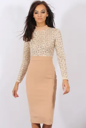 Nude & Gold Mesh Top Embroidered Midi Dress - Louiza